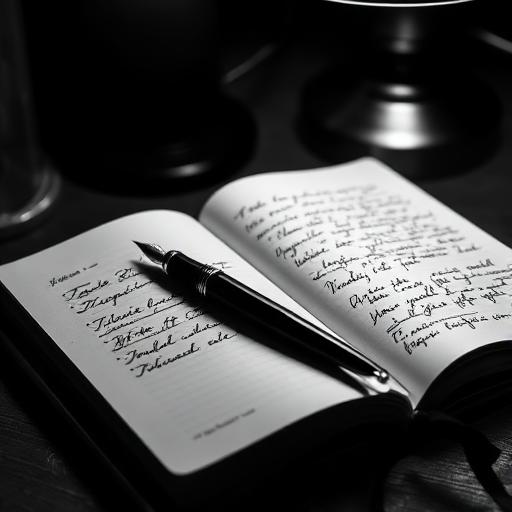 A fountain pen resting on an open notebook of handwritten field notes under a lamp