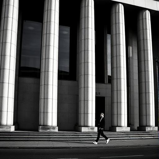 A person walking past the tall columns of a newly completed civic building