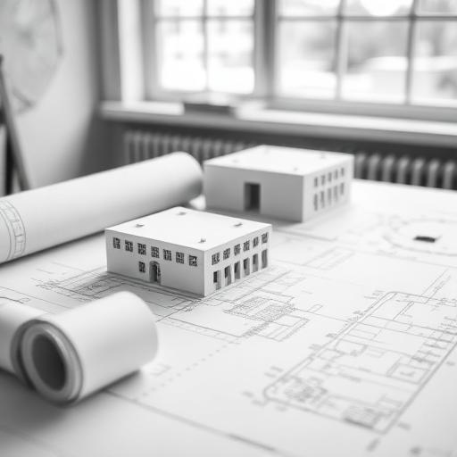 Rolled blueprints and a small building model on an architect's drafting table