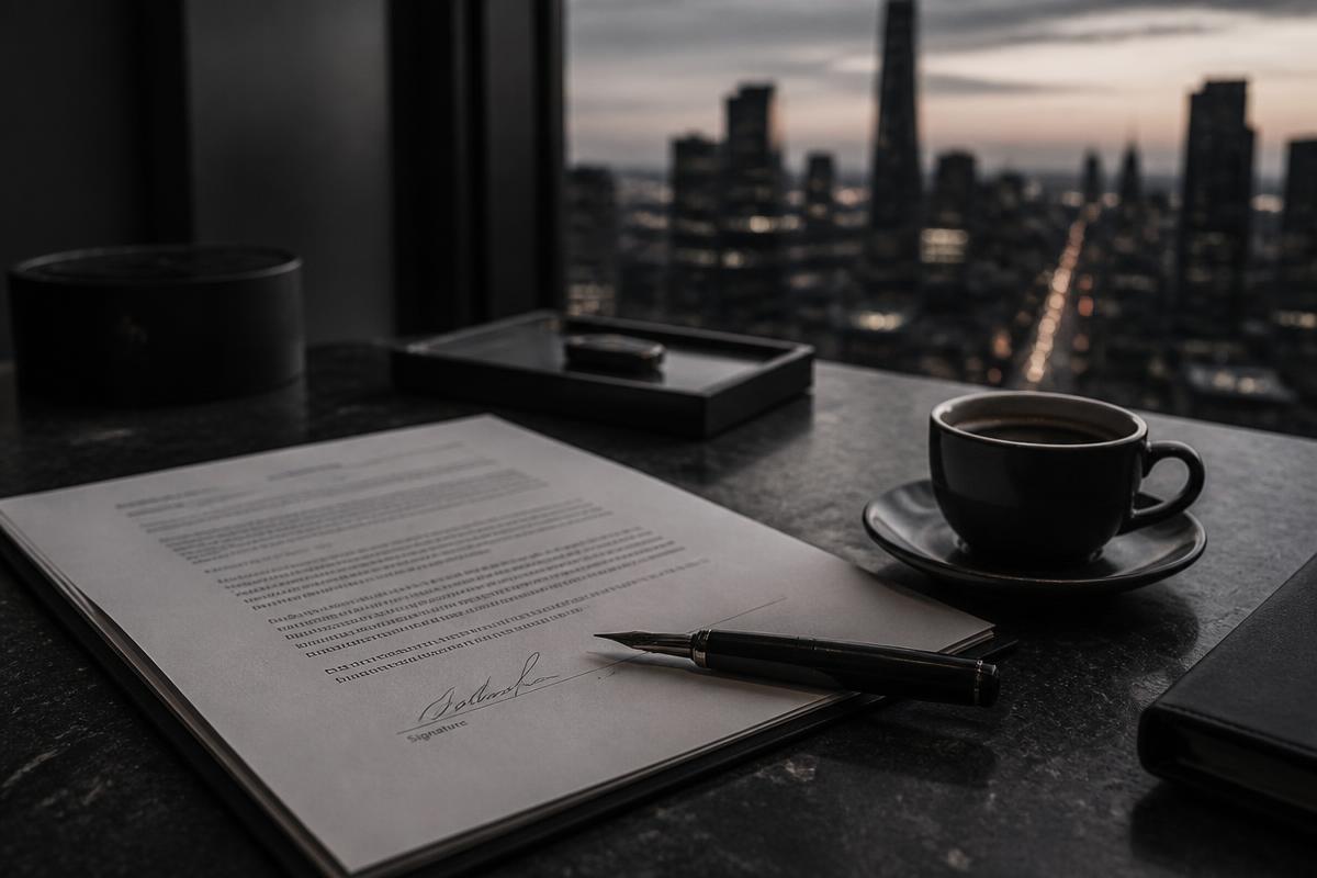 Signed agreement and fountain pen on a dark desk above a city at dusk